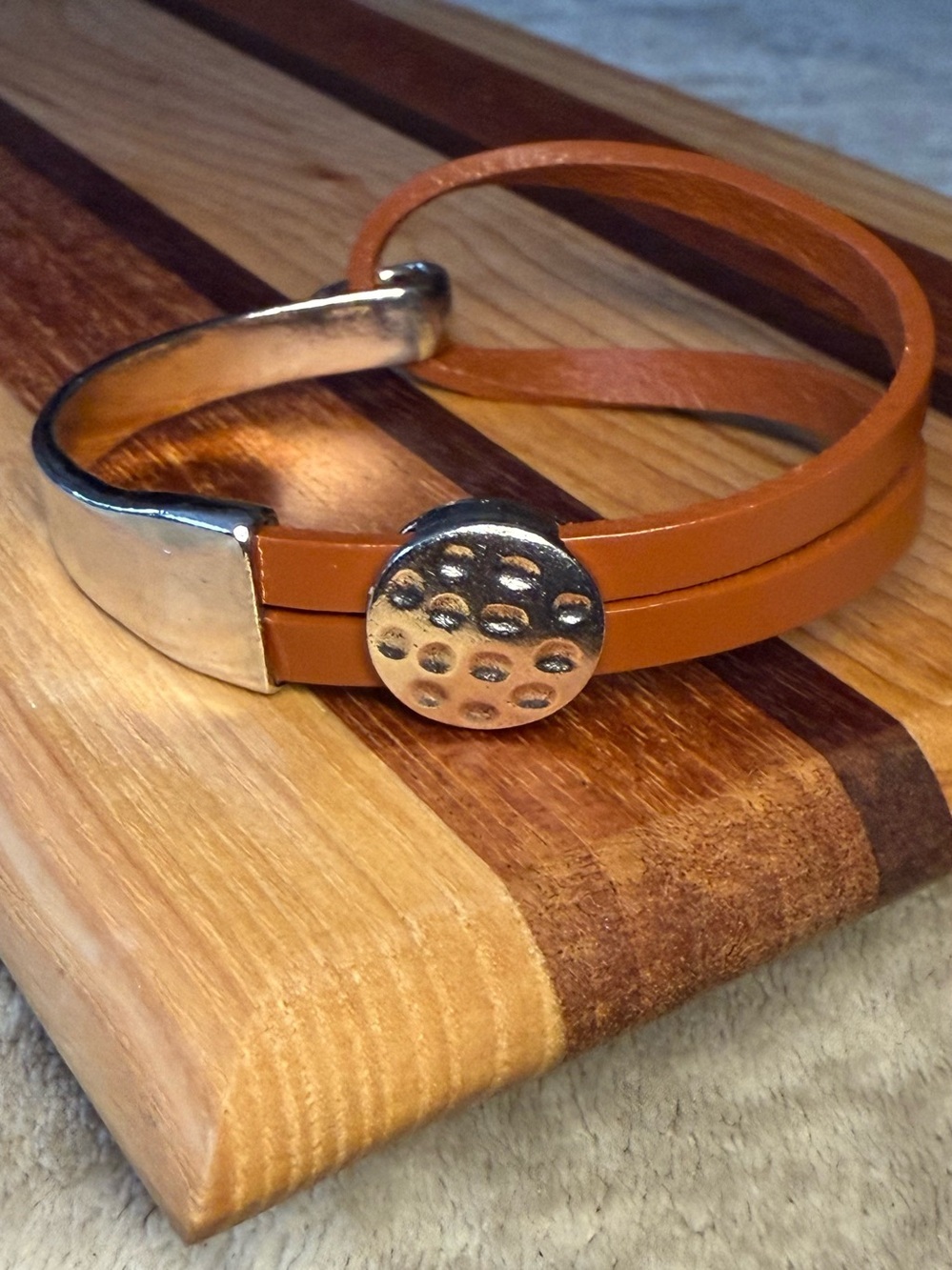 Handmade Brown Leather Double-Strap Bracelet with Silver Accent